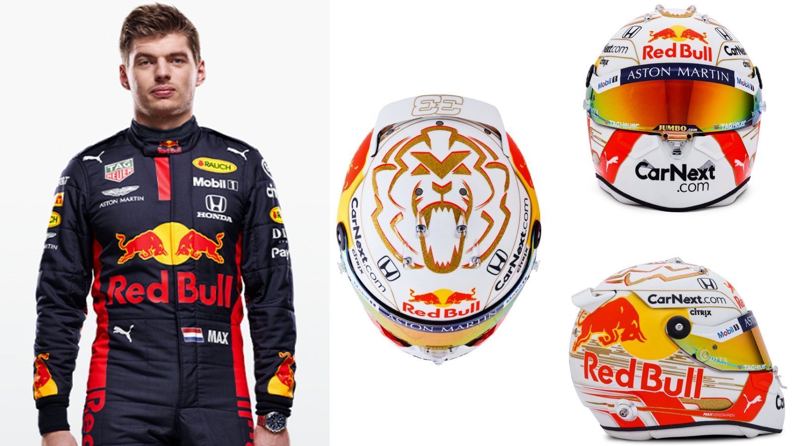 
                <strong>Max Verstappen (Red Bull Racing)</strong><br>
                Max Verstappen setzt auf die Farbe Weiß und den niederländischen Löwen auf dem Kopf in goldener Kontur. Die blauen Elemente aus dem vergangenen Jahr hat der Heißsporn dieses Mal weggelassen.
              