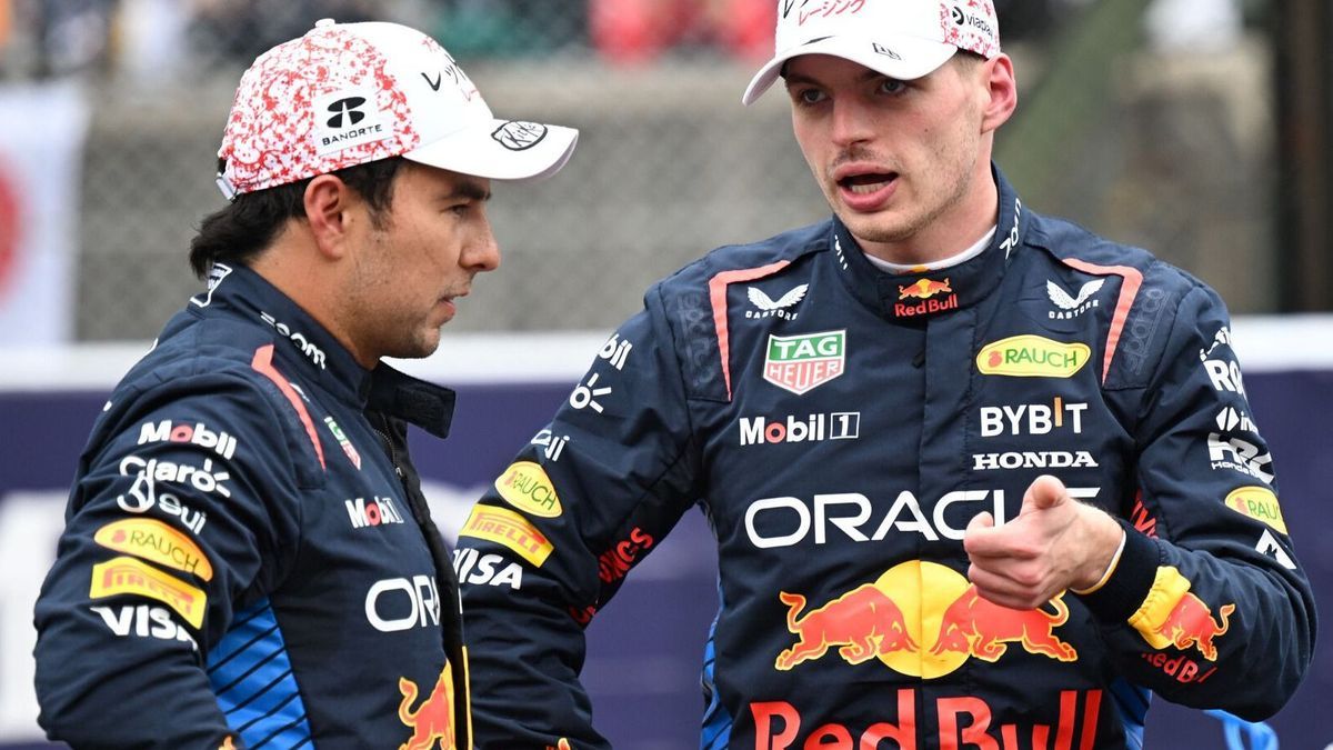 Sergio Perez und Max Verstappen (Red Bull) nach dem Qualifying zum Formel-1-Rennen in Japan 2024