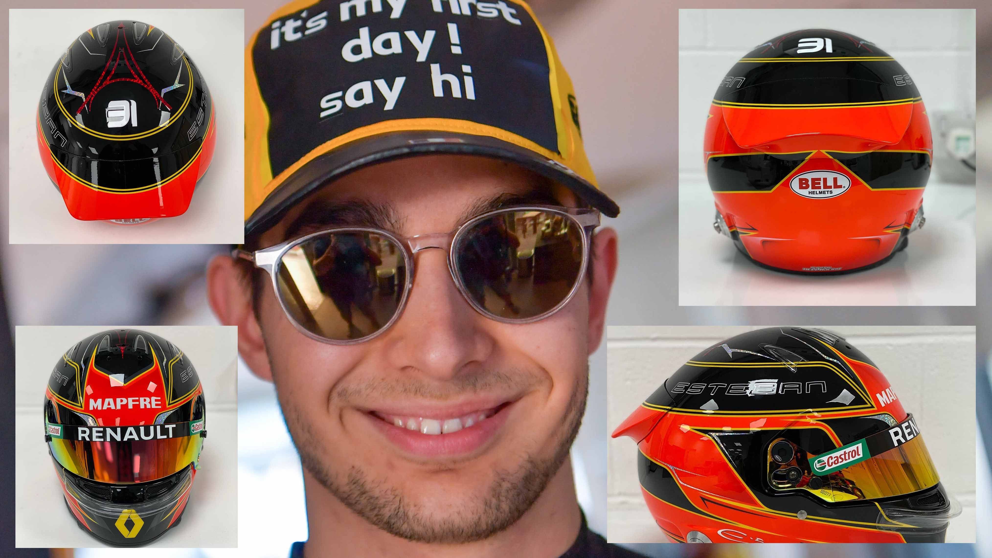 
                <strong>Esteban Ocon (Renault)</strong><br>
                Esteban Ocon vom Team Renault zeigt auf seinem Helm seine Heimatverbundenheit. Der obere Teil des Helmes wird von einem roten Eiffelturm geziert. Seitlich steht der Vorname des Franzosen.
              