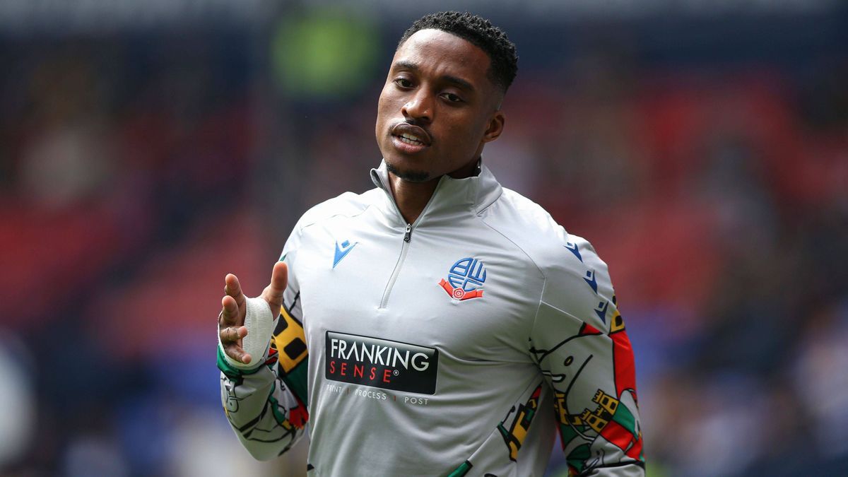 Victor Adeboyejo of Bolton Wanderers during the pre-match warm up Bolton Wanderers v AFC Wrexham, EFL Sky Bet League One, Football, Toughsheet Community Stadium, Bolton, UK, 18 Aug 2024 EDITORIAL U...