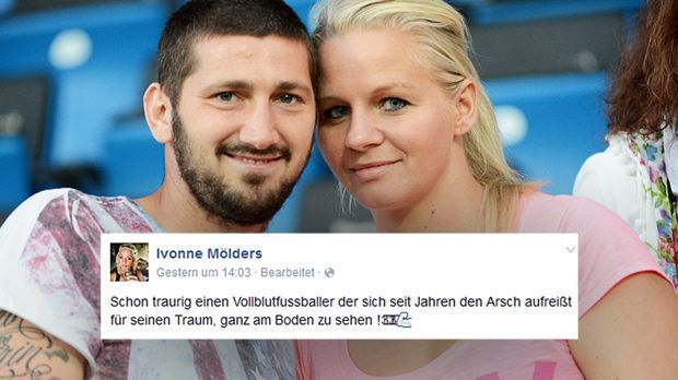 
                <strong>Ivonne und Sascha Mölders</strong><br>
                Der FC Augsburg verzichtet in der Europa League auf Sascha Mölders. Das gefällt dessen Frau Ivonne gar nicht. "Schon traurig, einen Vollblutfussballer, der sich seit Jahren den Arsch aufreißt für seinen Traum, ganz am Boden zu sehen", schrieb Ivonne Mölders bei Facebook.
              