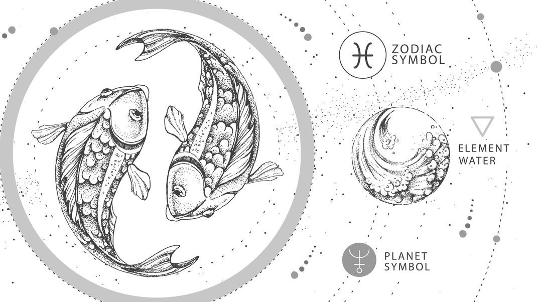 Das Fische-Symbol, in Form zweier miteinander verbundener Halbkreise rechts oben bei "Zodiac Symbol", repräsentiert die Sensibilität, Spiritualität und Empathie der Fische.
