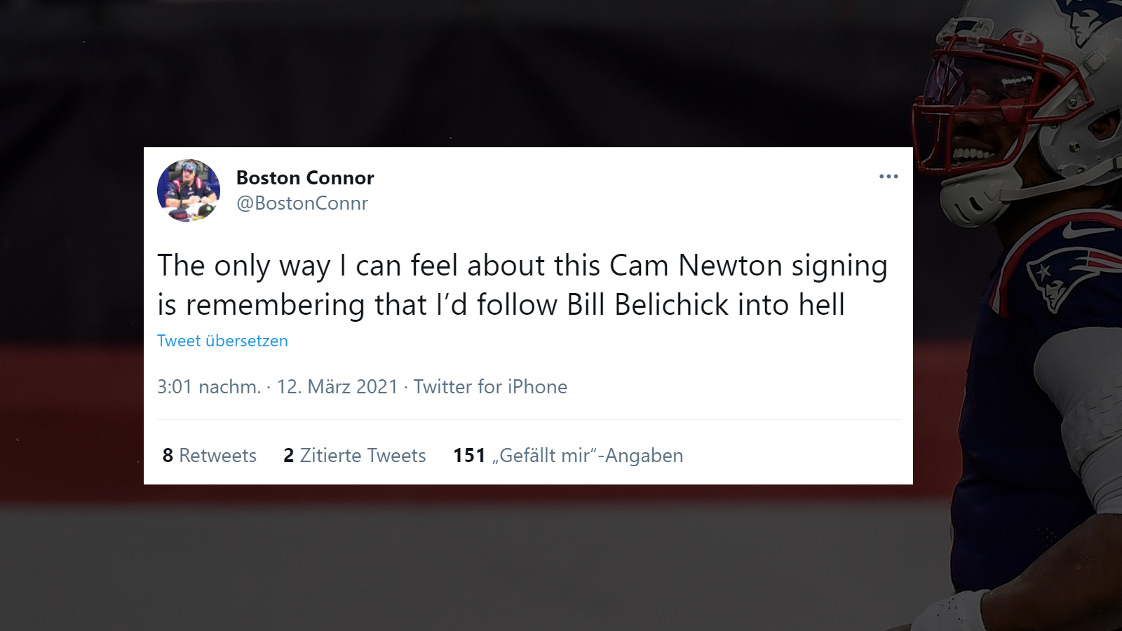 
                <strong>Netzreaktionen zum Verbleib von Cam Newton</strong><br>
                Kommt Bill Belichick in die Hölle?
              