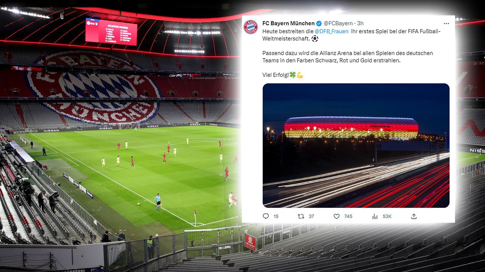 <strong>Allianz-Arena während Frauen-WM in den Deutschland-Farben</strong><br>
                In München hat man sich während der Frauenfußball-WM 2023 in Australien und Neuseeland etwas ganz Besonderes einfallen lassen. Wie der FC Bayern mitteilte, erstrahlte die Allianz Arena während der Spiele der deutschen Nationalmannschaft in Schwarz-Rot-Gold. Viel genutzt hat es leider nicht. Das DFB-Team schied schon nach der Vorrunde aus.