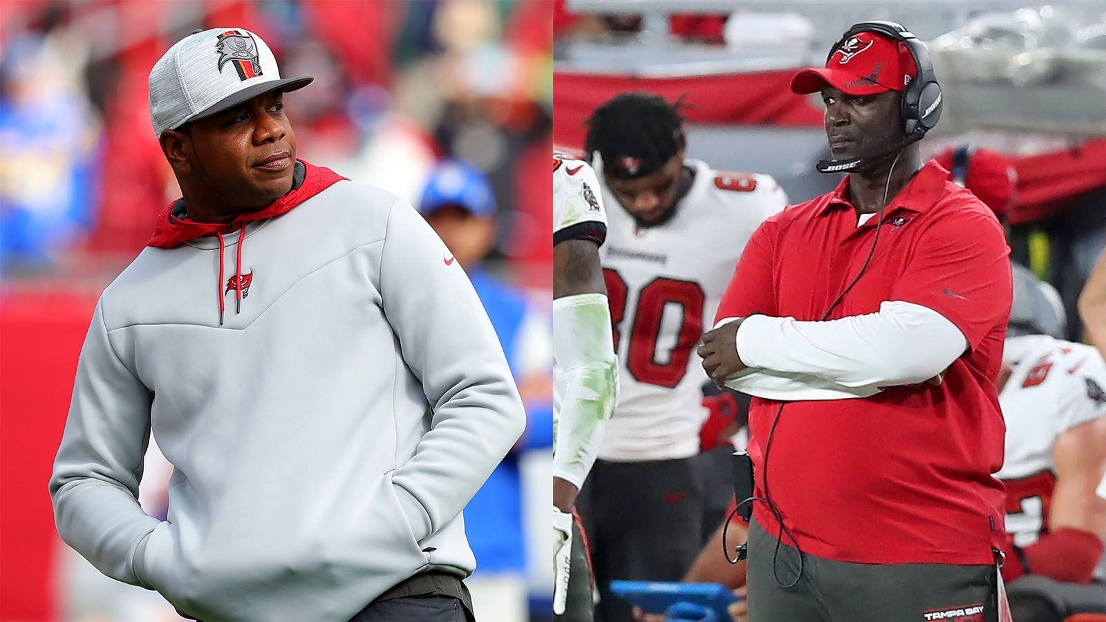 
                <strong>Leftwich und Bowles im Visier der Konkurrenz </strong><br>
                Sowohl Byron Leftwich (Offense; links) als auch Todd Bowles (Defense; rechts) gelten als heiße Kandidaten für freie Head-Coach-Positionen. Leftwich stellte sich jüngst in Jacksonville vor, Bowles, der bereits bei den Jets als Head Coach wirkte, präsentierte sich bei den Chicago Bears und den Minnesota Vikings. Ein Verlust würde die Bucs schwer treffen, ein zweifacher Abgang käme wohl einer Katastrophe nah.
              