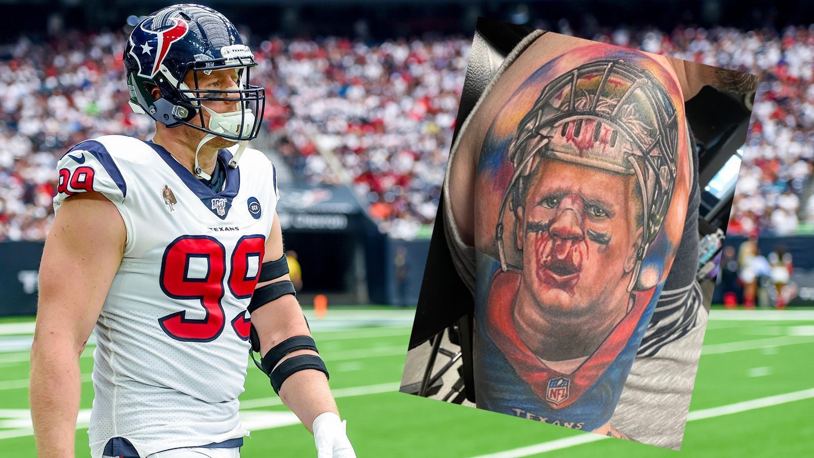 <strong>Texans-Fan verewigt J.J. Watt auf seinem Arm</strong><br>
                Auch wenn J.J. Watt die Houston Texans im März 2021 nach zehn Jahren in Richtung Arizona verlassen hatte und mittlerweile auch nicht mehr aktiv ist, bleibt er im Herzen einiger hartgesottener Texans-Fans - oder besser gesagt: auf ihrer Haut. Ein Twitter-User, der sich Clark G. nennt, postete ein Bild von seinem tätowierten Arm. Dazu schrieb er: "Für mich bleibst du für immer ein Texan. Ich werde dich auch in Arizona weiterhin anfeuern."
