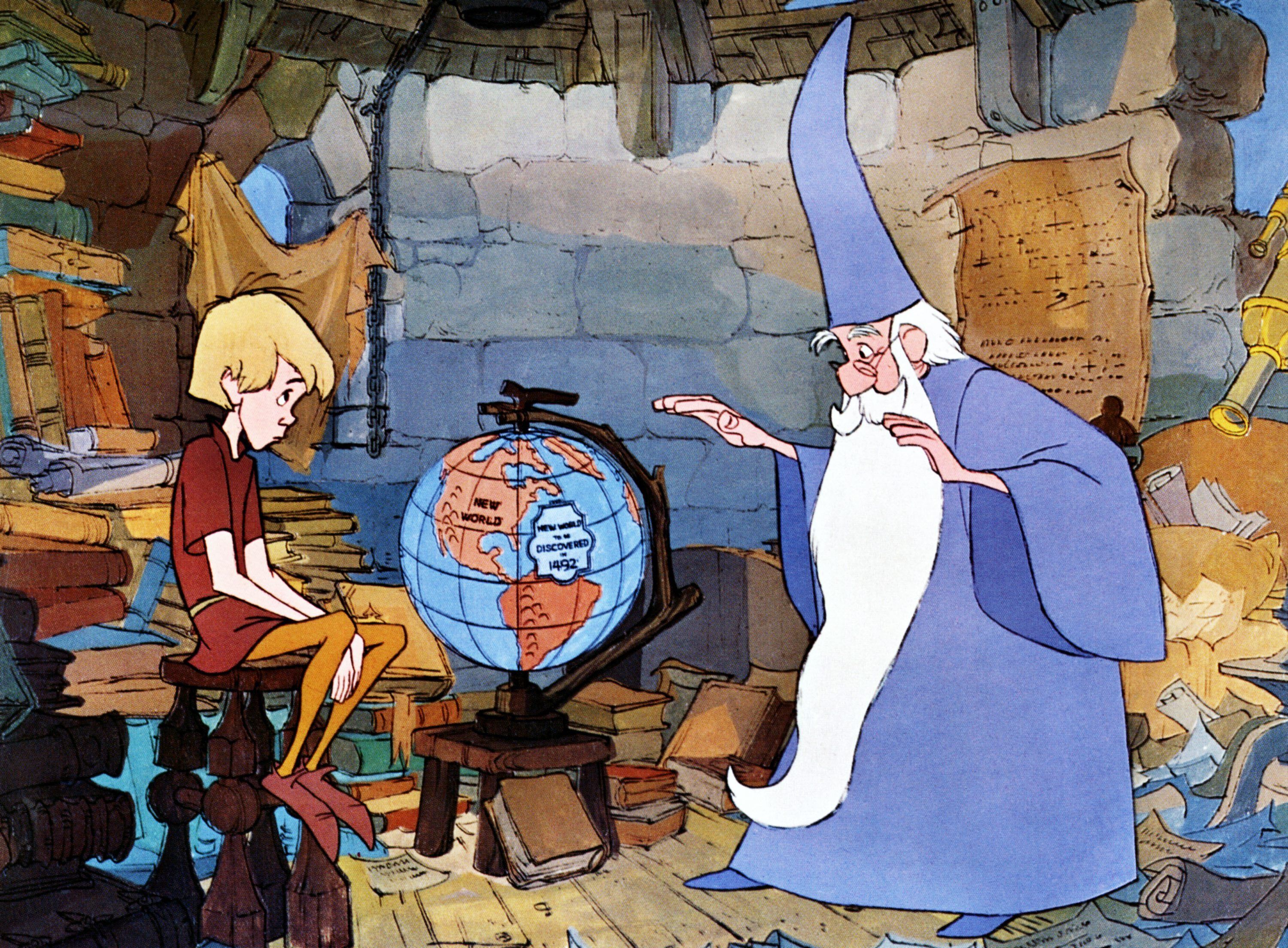 1963: Im Zeichentrickfilm "Die Hexe und der Zauberer" ist Merlin ein weiser, freundlicher und leicht exzentrischer alter Zauberer. Hier trägt er auch die typische blauer Robe und spitzen Hut. Trotz seiner etwas chaotischen Natur ist er geduldig und gutherzig. Als Mentor des jungen Arthurs bringt er Humor in die Geschichte und hilft ihm letztlich, sein Schicksal als rechtmäßiger König von England zu erfüllen.