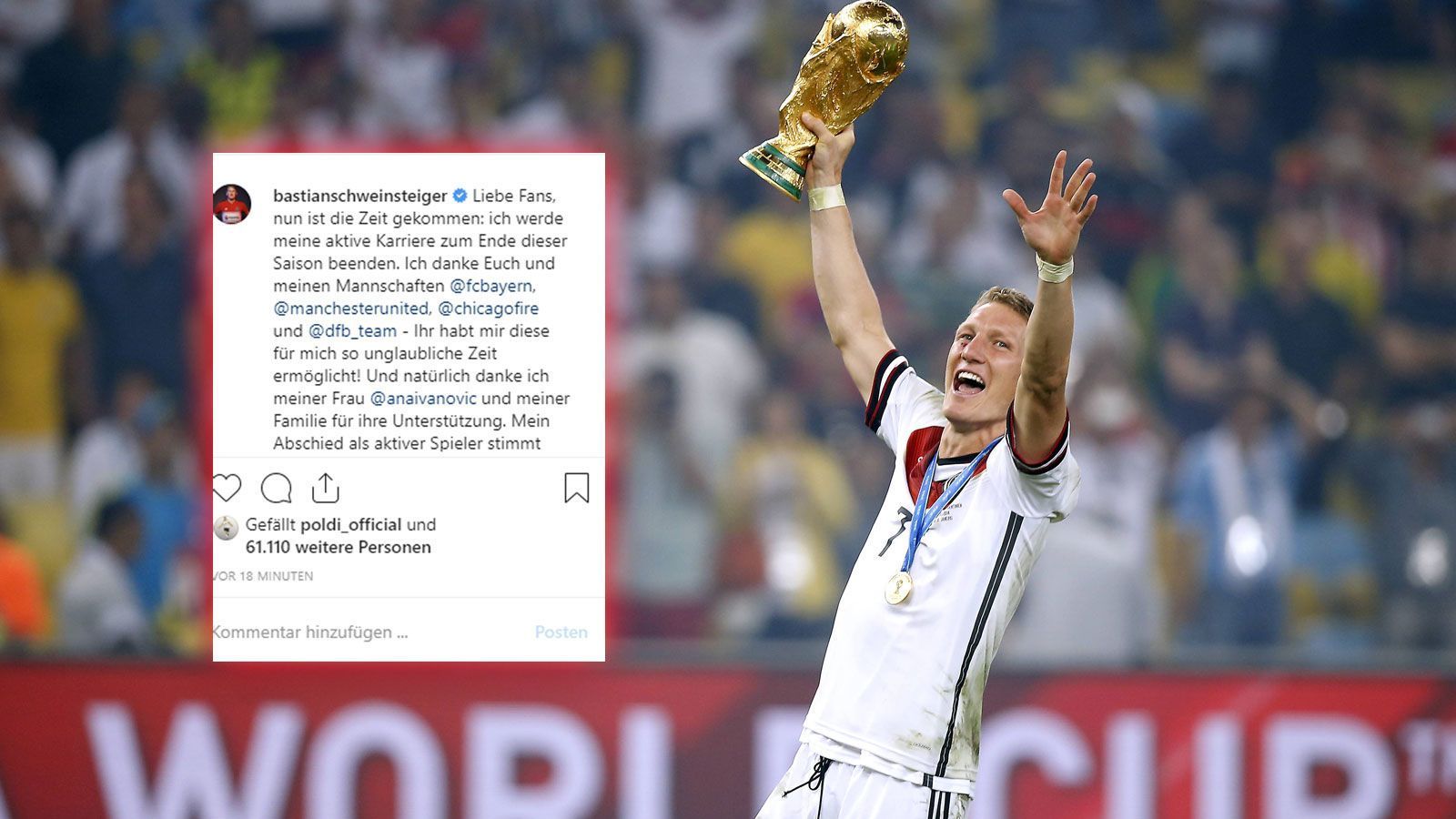 
                <strong>Bastian Schweinsteiger</strong><br>
                Nach 16 Jahren und 340 Tagen hängt Bastian Schweinsteiger seine Fußballschuhe an den Nagel. Der 35-Jährige erlebte eine äußerst erfolgreiche Karriere, die erst nach mit einem Positionswechsel so richtig Schwung aufnahm. ran.de blickt auf die Laufbahn des Weltmeisters zurück und zeigt Schweinsteigers besten Momente.
              