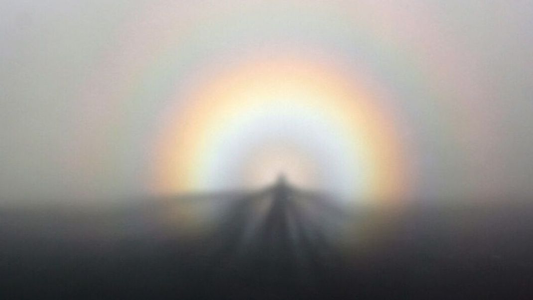 Glorie eines Schattens, fotografiert im Nebel auf der kalifornischen Golden Gate Bridge - in Deutschland vom Volksmund auch "Brockengespenst" genannt.