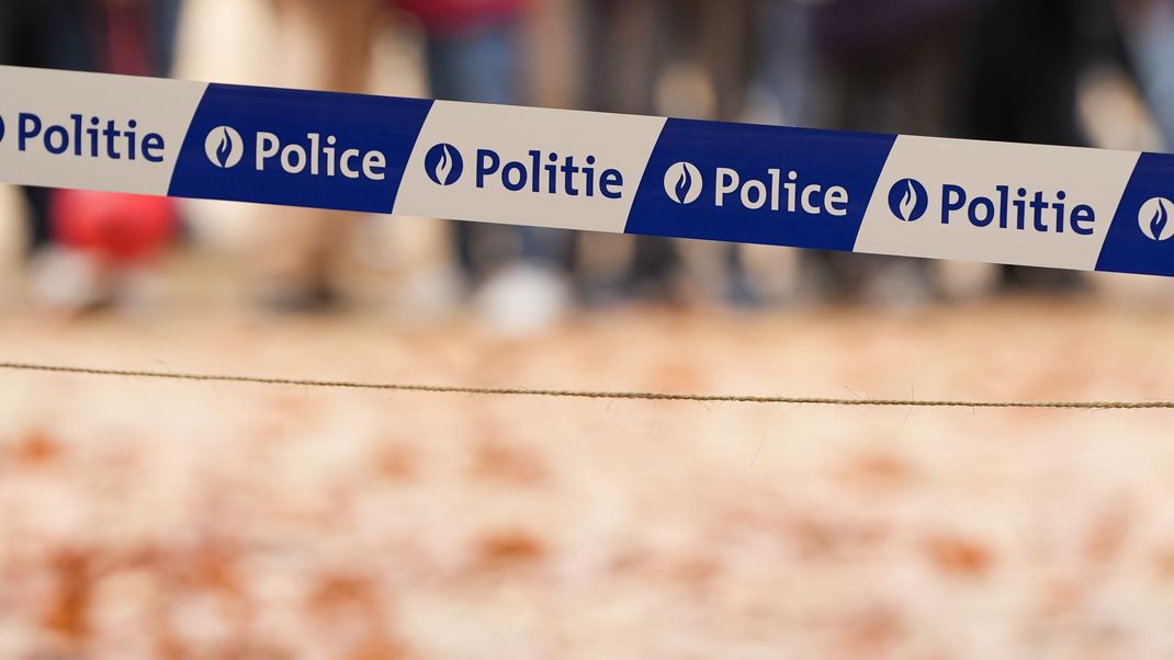 Adhesive tape by which the police demarcate an area from public access. Tape with Belgian police insignia. Brussels, 2022.