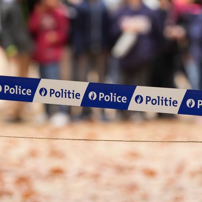 Adhesive tape by which the police demarcate an area from public access. Tape with Belgian police insignia. Brussels, 2022.