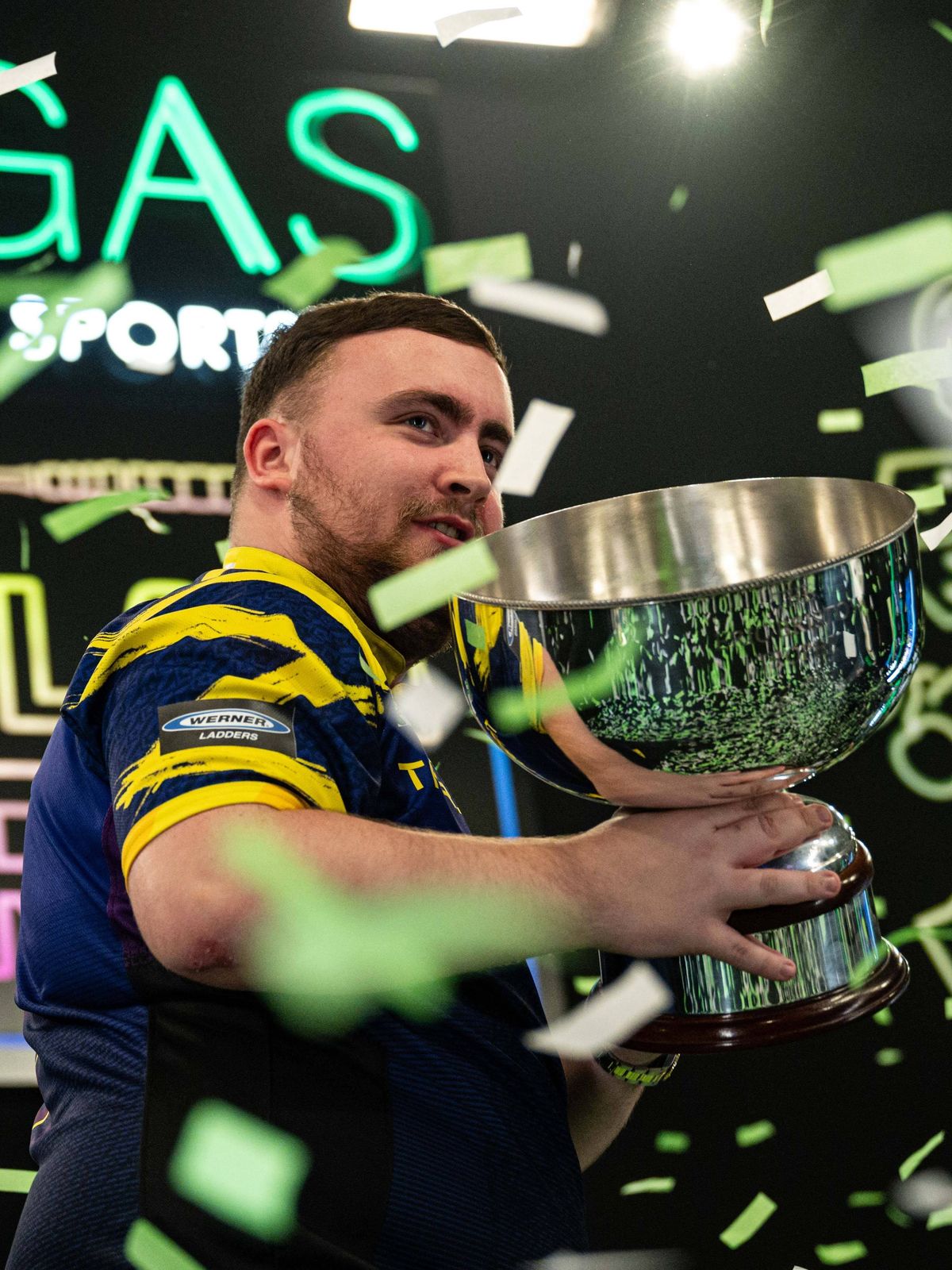 16th November 2025, WV Active Aldersley, Wolverhampton, Midlands, England; 2025 PDC Mr Vegas Grand Slam of Darts Final; Luke Littler celebrates winning his final match against Luke Humphries to win...