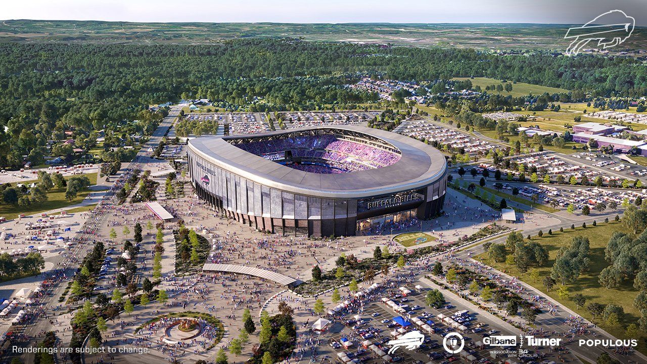 <strong>Buffalo Bills</strong><br>Das neue Stadion der Bills könnte auch ein Premier-League-Fußballtempel sein. Angeschmiegt an Grünflächen soll sich das oben offene Bills-Stadion in den Himmel recken. Die Zuschauerzahl wird in bei den Bills tatsächlich reduziert, von 71.608 Plätzen im alten Stadion bleiben im neuen Highmark Stadium nur 62.000 übrig.