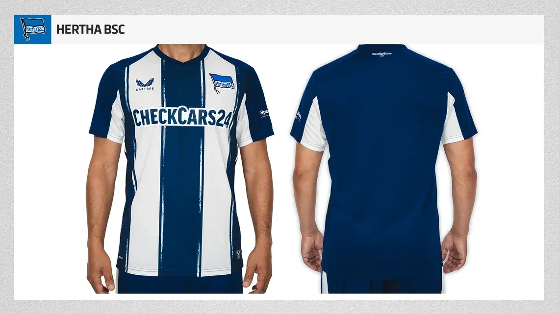 <strong>Hertha BSC:</strong><br>Trikotpreis: 99,95 Euro<br>Rückenbeflockung: 12,95 Euro<br><em>Hinweis: <a data-li-document-ref="571485" href="https://www.ran.de/sports/hertha-schock-dfl-verbietet-heimtrikot-kurz-vor-saisonstart-571485">Die DFL hat das aktuelle Design des Hertha-Heimtrikots nicht für die kommende Saison zugelassen</a>. Der Verein und sein Ausstatter arbeiten aktuell an einer Lösung.</em>