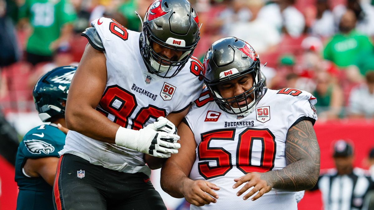 September 28, 2025, Tampa, Florida, USA: Tampa Bay Buccaneers defensive tackle Vita Vea 50 celebrates with defensive end Logan Hall 90, after he Vea sacks Philadelphia Eagles quarterback Jalen Hurt...