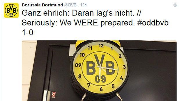 
                <strong>Borussia Dortmund</strong><br>
                Anpfiff! Nach 13 Sekunden steht es 1:0 für Odds BK. Der BVB twittert einen schwarz-gelben Wecker und verweist darauf, vorbereitet und ausgeschlafen gewesen zu sein. Woran lag es dann? Haben die Spieler, vor allem die Verteidiger, tatsächlich Lutefisk gegessen?
              