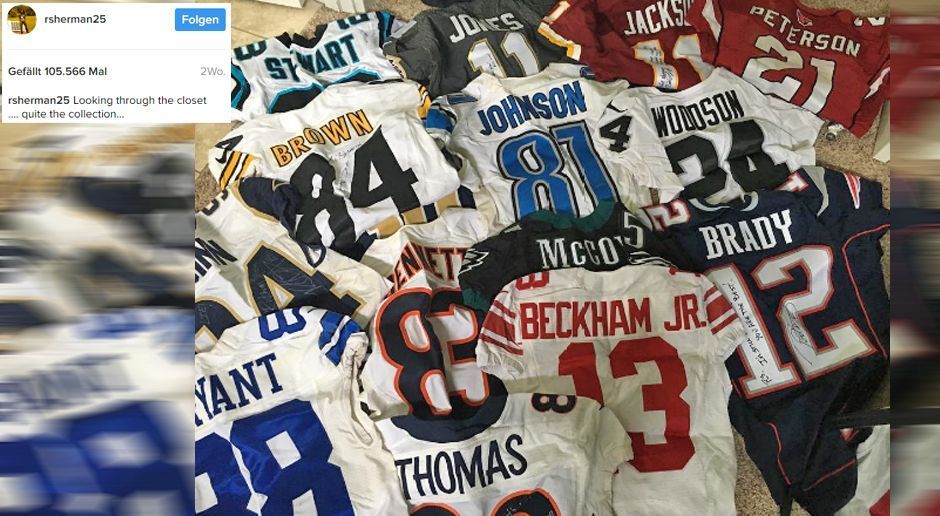 
                <strong>Richard Sherman</strong><br>
                Ein Mann, viele Trikots. Richard Sherman veröffentlicht ein Foto von seiner Trikot-Sammlung mit den Worten: "Alles in meinem Kleiderschrank. Kann man schon eine Kollektion nennen." Wir sind verwirrt. Mr. Trash Talk von den Seattle Seahawks äußert sich ohne jegliche Provokation? Vielleicht ist er krank. Gute Besserung.
              