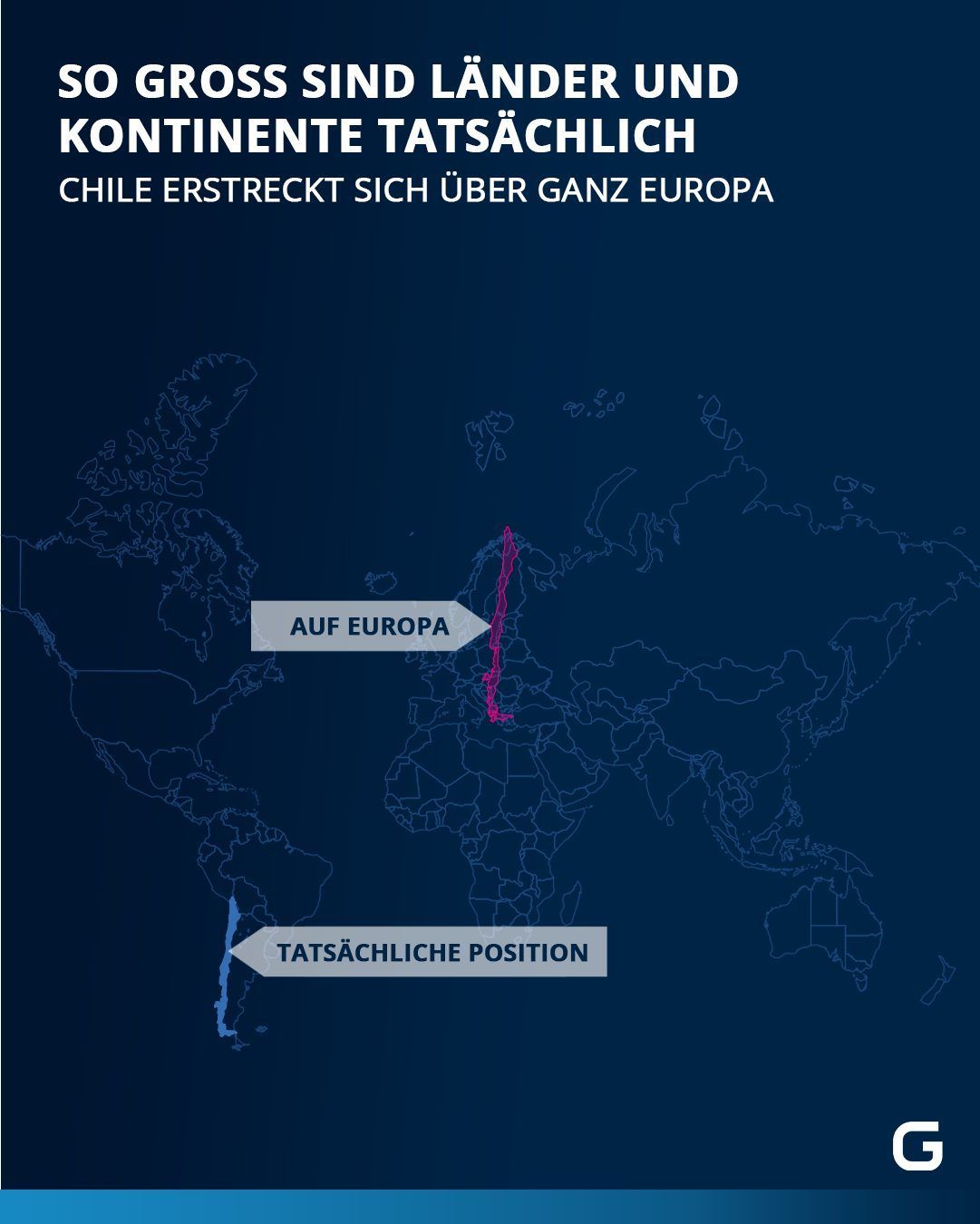 Tatsächliche Größe von Ländern und Kontinenten - Chile und Europa haben die gleiche Länge.