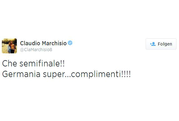 
                <strong>Kompliment an Deutschland </strong><br>
                Der italienische Nationalspieler Marchisio reiht sich in die Glückwunsch-Schlange ein. 
              