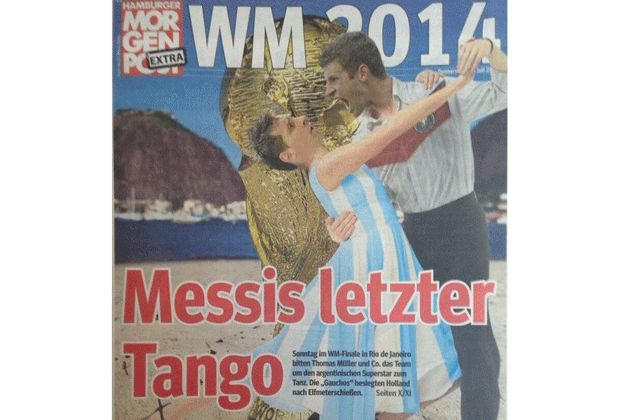 
                <strong>Dancing with Messi </strong><br>
                Auch die großen Zeitungen reagieren mit Montagen zum großen WM-Finale Deutschland gegen Argentinien. 
              