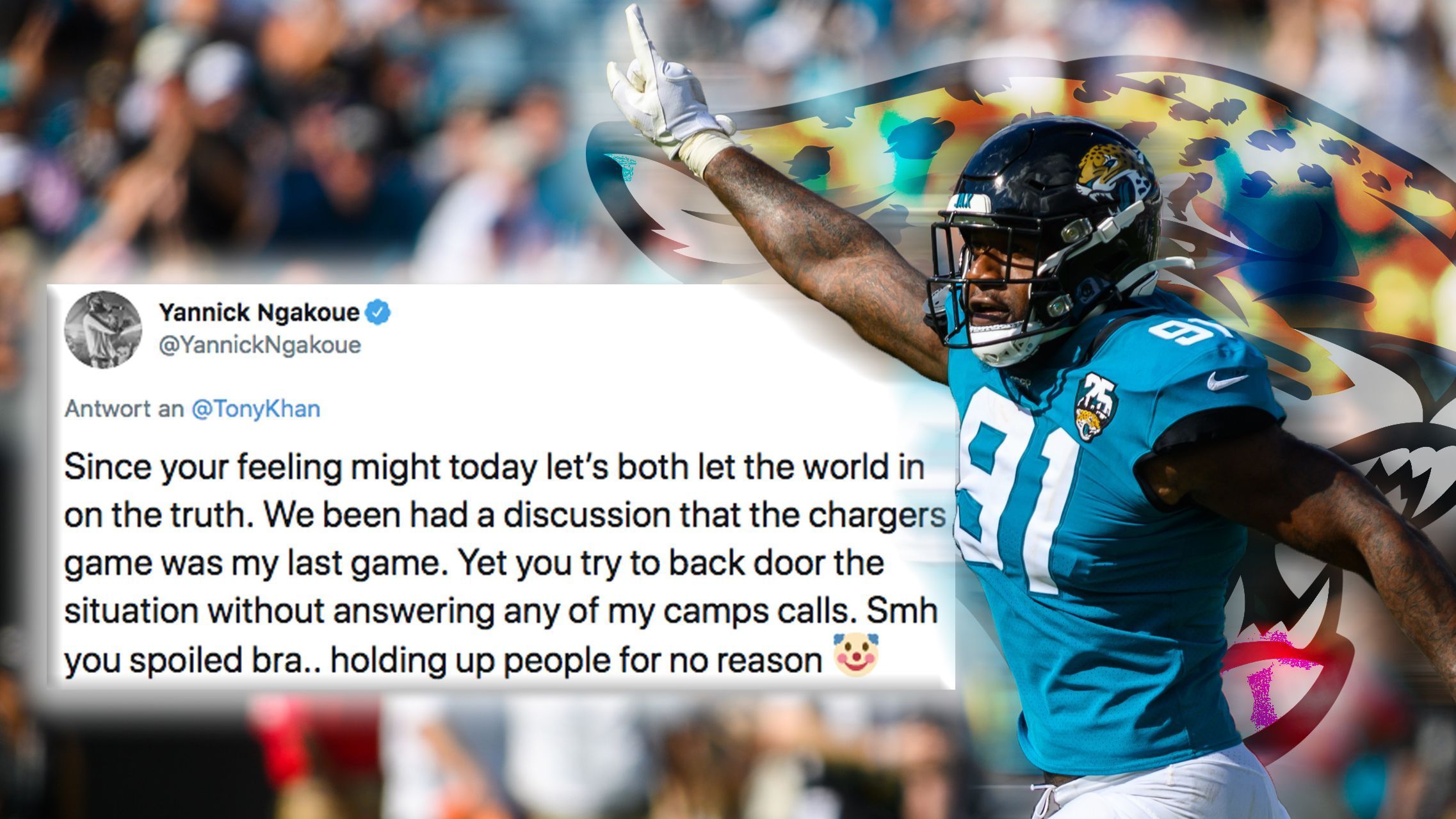 
                <strong>Yannick Ngakoue liefert sich Twitter-Beef mit Sohn von Jaguars-Besitzer</strong><br>
                Das ließ Ngakoue nicht auf sich sitzen und unterstellte den Verantwortlichen des Teams unredliches Verhalten: "Wenn Sie das so empfinden, sollten wir heute beide die Welt in die Wahrheit einweihen. Wir hatten eine Diskussion darüber, dass das Spiel gegen die Chargers mein letztes Spiel gewesen sein wird. Dennoch versuchen Sie, die Situation durch die Hintertür zu verschleiern, ohne auf Anrufe aus meinem Lager zu antworten." Der Spieler konnte nur den Kopf schütteln und nannte Khan ein "verwöhntes Gör". Vielsagend hängte er noch ein Clowns-Emoji an den Tweet.
              