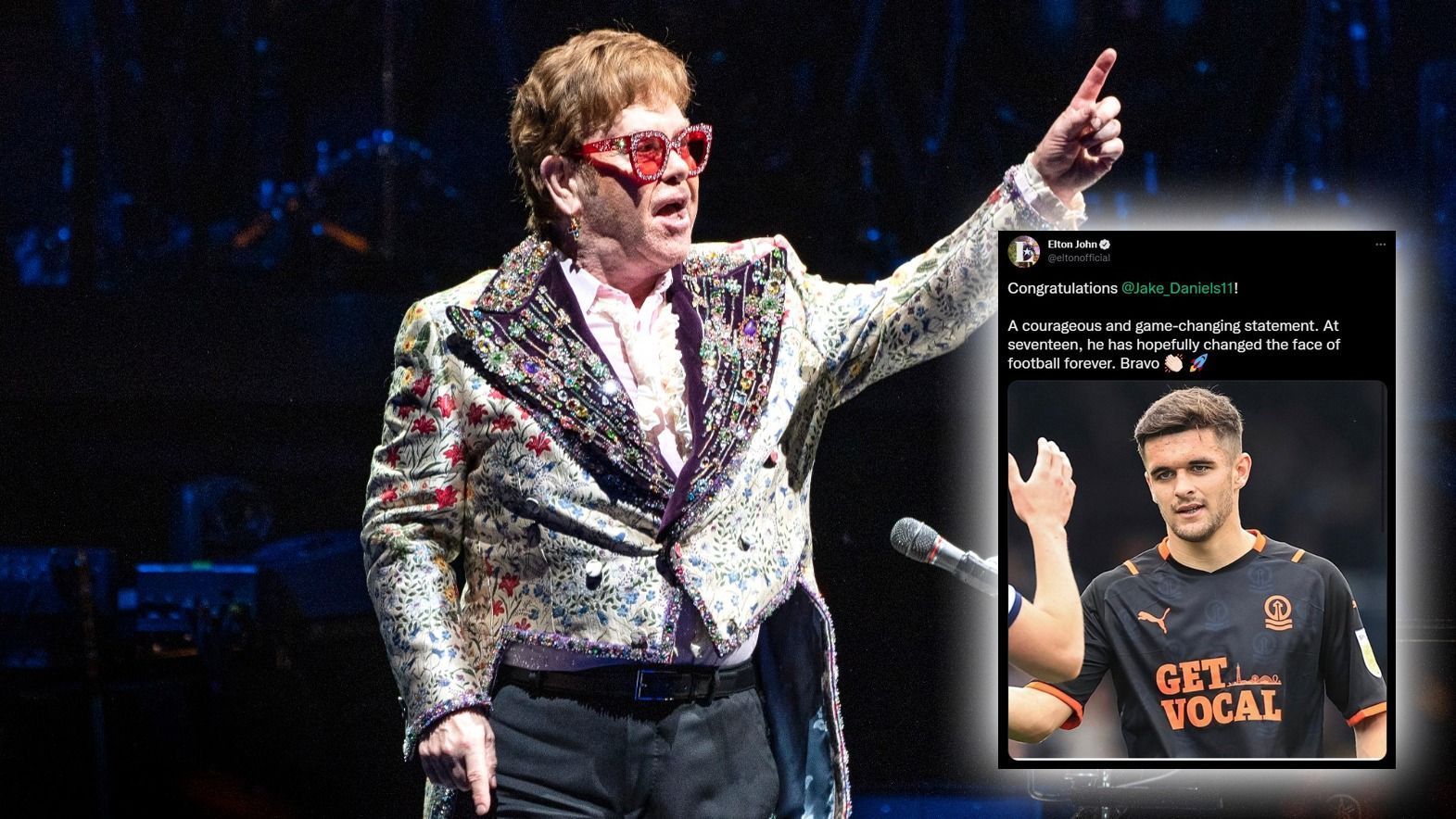 
                <strong>Sir Elton John</strong><br>
                "Gratulation Jake! Ein mutiges und wegweisendes Statement. Mit 17 Jahren hat er hoffentlich das Gesicht des Fußballs für immer verändert. Bravo!" Auch Musik-Legende Sir Elton John gratulierte zum Outing von Daniels. Der 75-Jährige ist ebenfalls bekennend homosexuell und hofft, dass durch das Coming Out des 17-jährigen Talents weitere bahnbrechende Veränderungen im Fußball in Bezug auf Homosexualität eintreten werden. 
              