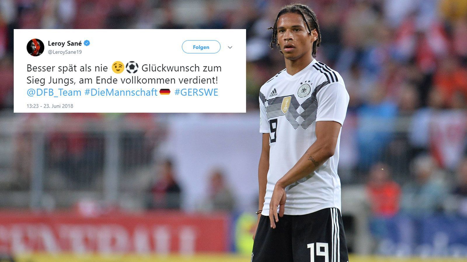 
                <strong>Leroy Sane</strong><br>
                Glückwünsche über den Sieg gab es auch vom aussortierten Nationalspieler Leroy Sane. Er gratulierte seinen Teamkollegen standesgemäß auf Twitter.
              