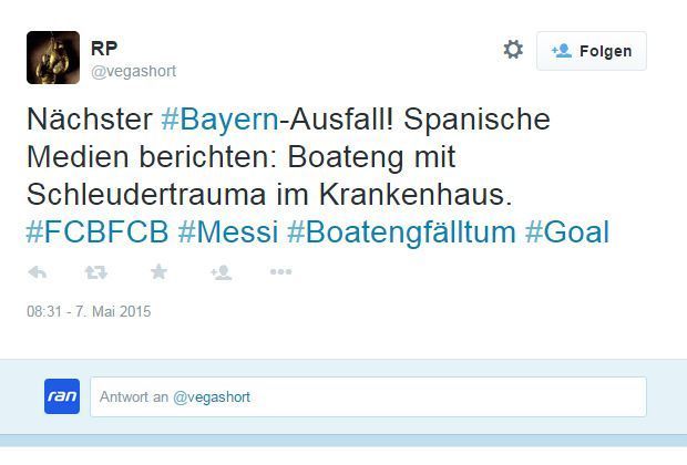 
                <strong>Barca vs. Bayern: So reagiert das Netz</strong><br>
                Mit 0:3 verliert der FC Bayern in Barcelona. Für viele User ist vor allem das zweite Tor von Lionel Messi das Thema Nummer eins - zum Leidwesen von Jerome Boateng.
              