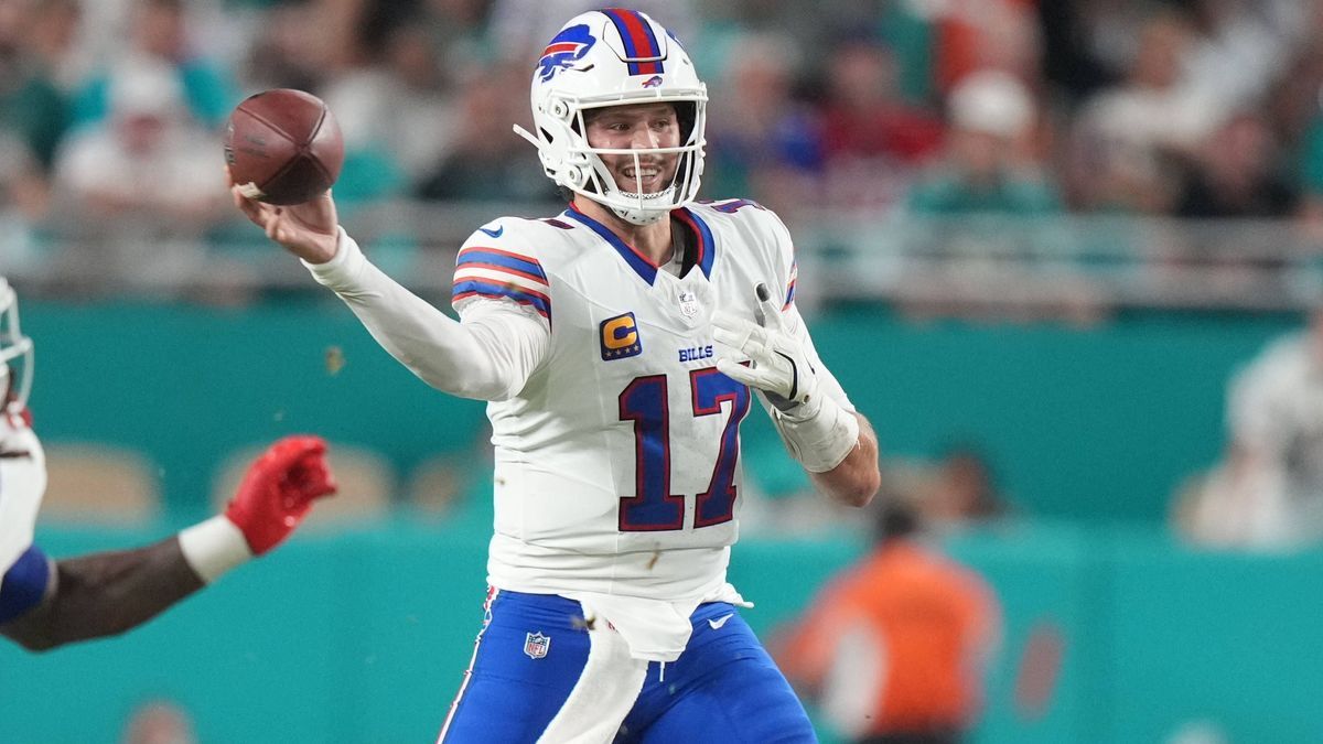 MIAMI GARDENS, FL - SEPTEMBER 12: Buffalo Bills quarterback Josh Allen (17) makes a pass attempt during the game between the Buffalo Bills and the Miami Dolphins on Thursday, September 12, 2024 at ...