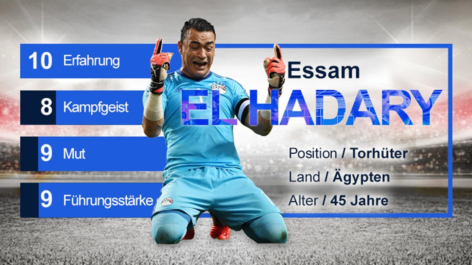 
                <strong>Essam El Hadary (Ägypten) - Gruppe A</strong><br>
                El Hadary ist seit über 22 Jahren Nationaltorhüter. Damit zählt er zu den erfahrensten WM-Teilnehmern überhaupt. Sollte er im Gruppenspiel gegen Uruguay zum Einsatz kommen, wäre er mit 45 Jahren und 151 Tagen der älteste Spieler der WM-Geschichte. El Hadary hat vier Mal den Afrika Cup gewonnen (1998, 2006, 2008 und 2010) und wird oft als "afrikanischer Buffon" bezeichnet. Seinen Mut und Kampfgeist zeigt er mit spektakulären Paraden und vielen Emotionen.
              