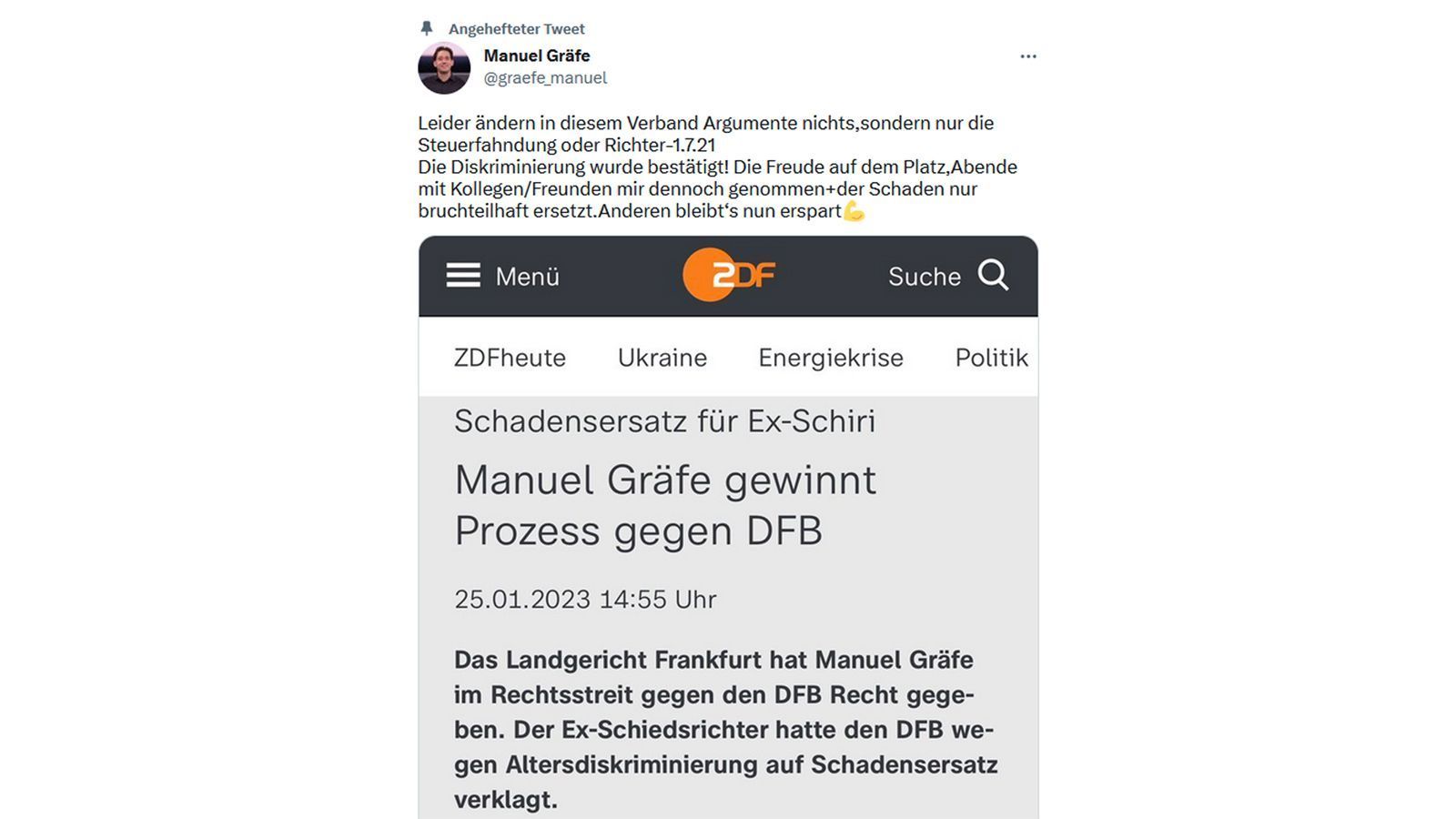 
                <strong>Gräfe verklagt den DFB wegen Altersdiskriminierung</strong><br>
                Dass Manuel Gräfe nicht mehr als Referee arbeitet, geschah alles andere als freiwillig. Der Grund: Er hatte die für Schiedsrichter beim DFB gültige Altersgrenze von 47 Jahren erreicht. Da er gerne weiter in der Bundesliga gepfiffen hätte, verklagte er den DFB wegen Altersdiskrimierung und gewann den Prozess. "Leider ändern in diesem Verband Argumente nichts, sondern nur die Steuerfahndung oder Richter - 1.7.21 Die Diskriminierung wurde bestätigt! Die Freude auf dem Platz, Abende mit Kollegen/Freunden mir dennoch genommen+der Schaden nur bruchteilhaft ersetzt. Anderen bleibt's nun erspart", schrieb Gräfe dazu auf Twitter.
              