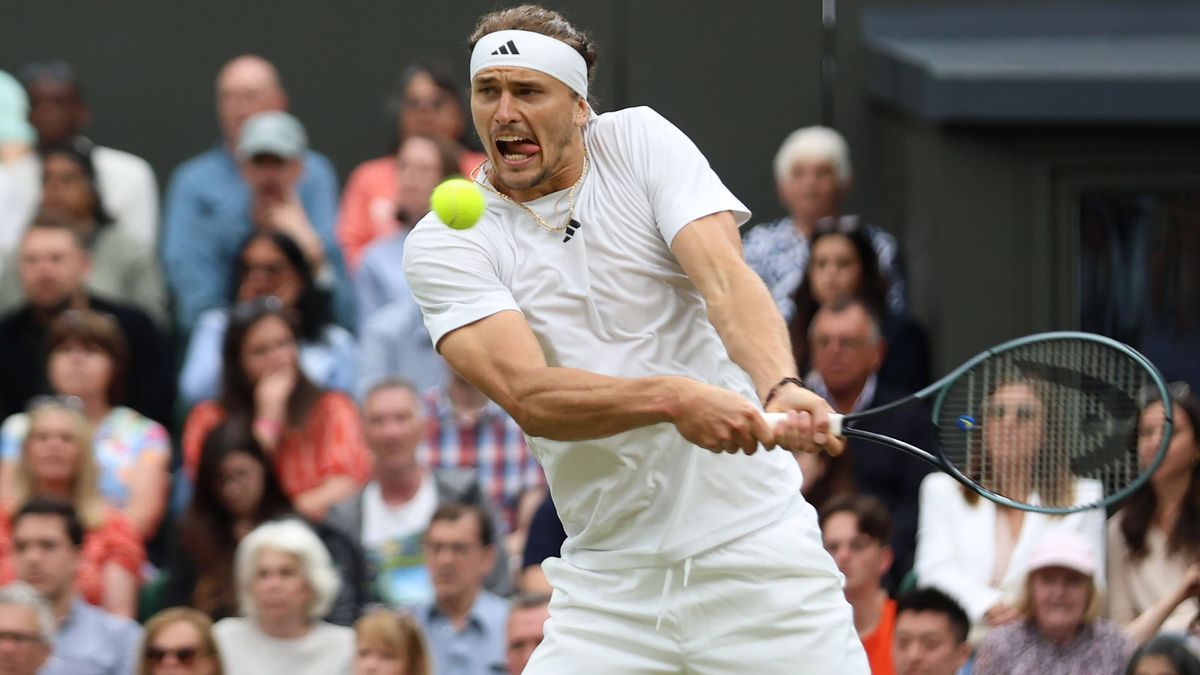 Germany s Alexander Zverev plays a backhand in his fourth round match against USA s Taylor Fritz at the 2024 Wimbledon Championships in London on Monday, July 08, 2024. PUBLICATIONxINxGERxSUIxAUTxH...