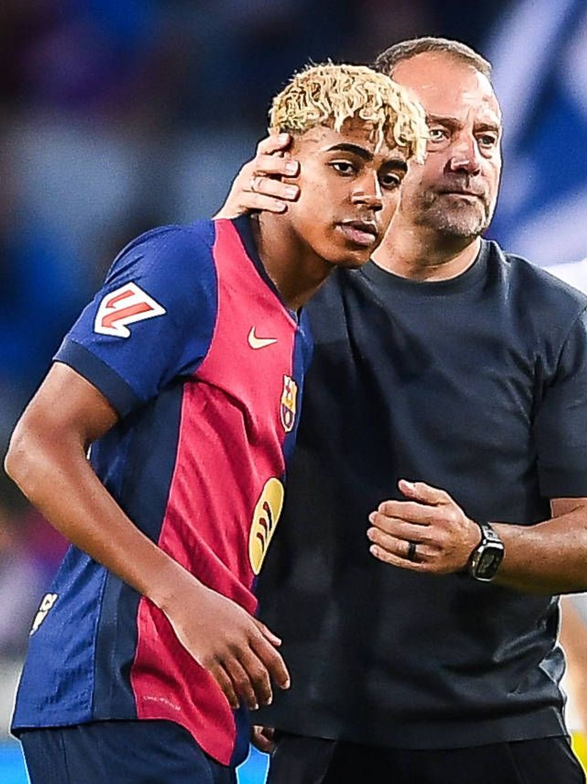 May 18, 2025, Barcelona, Spain, Spain: Lamine YAMAL of Barcelona and Hansi FLICK of Barcelona during the LaLiga match between FC Barcelona, Barca and Villarreal CF at Estadi Olimpic Lluis Companys ...