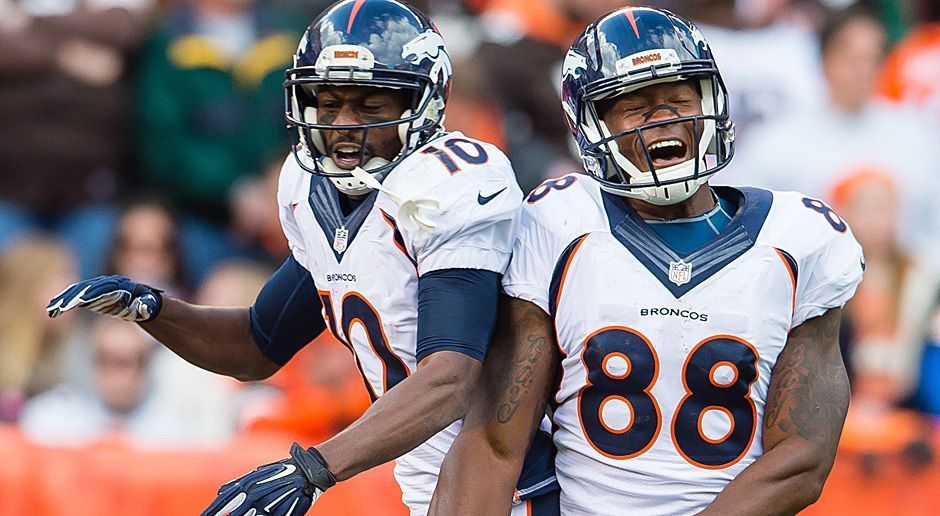 
                <strong>Emmanuel Sanders und Demaryius Thomas</strong><br>
                WIDE RECEIVER: Mit Demaryius Thomas (r.) und Emmanuel Sanders verfügen die Broncos über ein ganz starkes Receiver-Duo. Da Manning aber nicht so recht in Fahrt kam, blieben auch die beiden Receiver hinter den Statistiken der letzten Jahre zurück. Gegen die Patriots zeigten aber Thomas und Sanders, wie wichtig sie für die Broncos sein können.
              