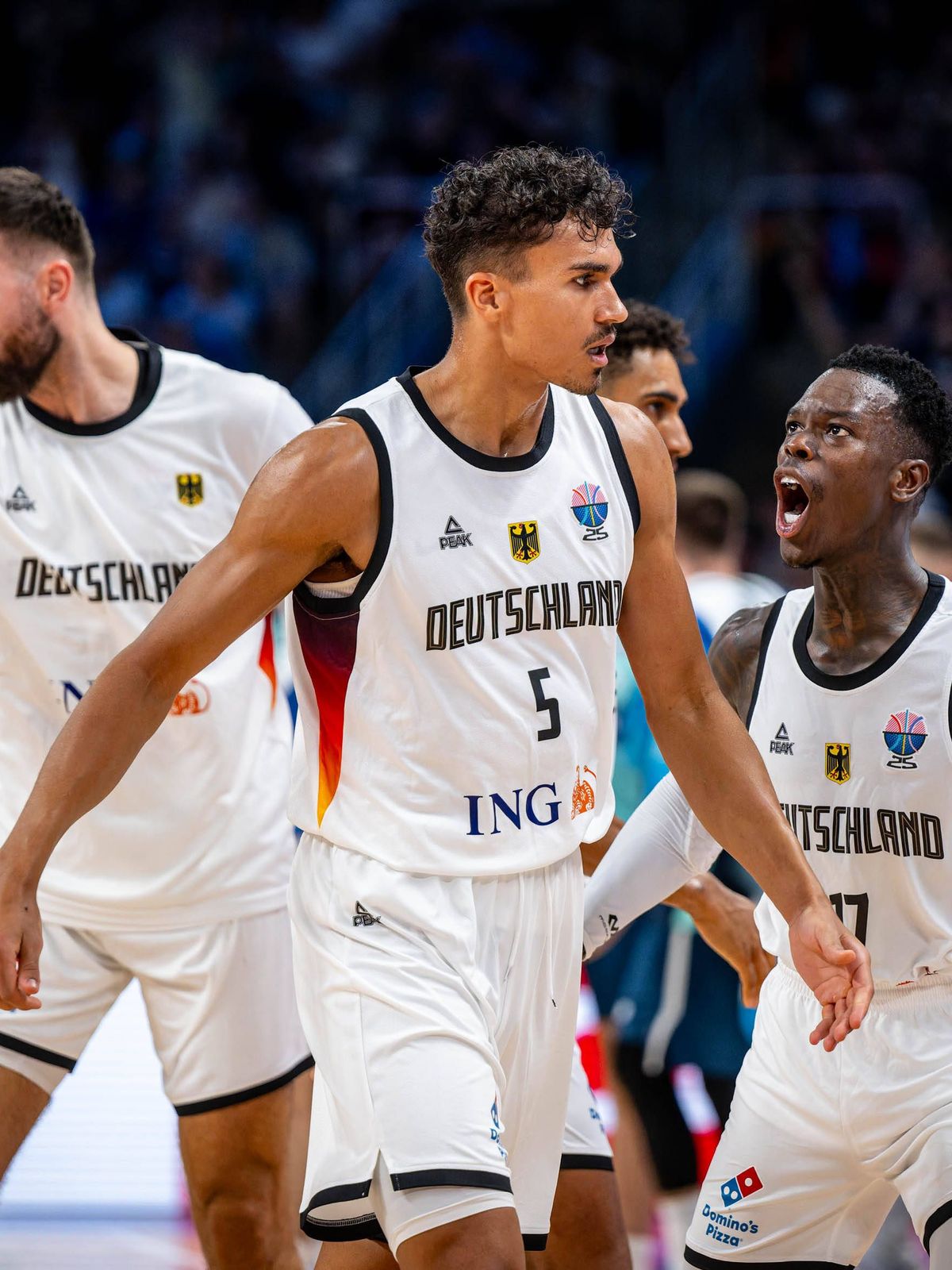 Basketball Riga 10.09.2025 DBB Länderspiel Männer Herren EuroBasket 2025 Viertelfinale Deutschland (GER) - Slowenien (SLO) Tristan Da Silva (Deutschland, No.05) Dennis Schröder Schroeder (Deutschla...