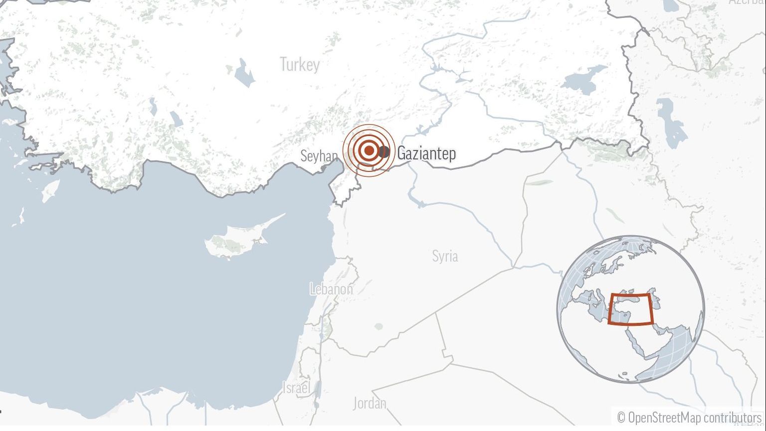 Die Grafik zeigt den ungefähren Ort eines Erdbebens am frühen Montag im Südosten der Türkei. Das Epizentrum lag nach Angaben des Geoforschungszentrums Potsdam nahe der Stadt Gaziantep unweit der Grenze zu Syrien.