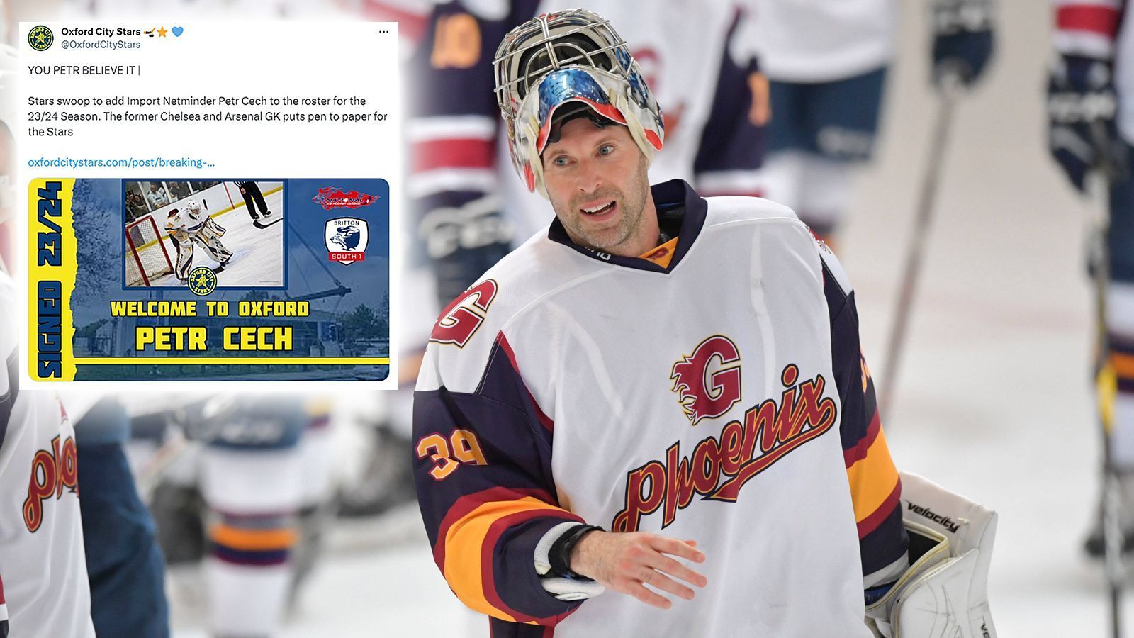 <strong>Petr Cech</strong><br>
                Ex-Weltklassetorhüter Petr Cech setzt nach dem Abschied vom Fußball seine Eishockey-Karriere fort und läuft für die Oxford City Stars auf. Zuvor hatte Cech in der NIHL1 für Chelmsford Chieftains gespielt.&nbsp;Oxford begrüßte in seiner Mitteilung den "internationalen Superstar-Torwart", die "Sportlegende" Cech sei eine "monumentale Ergänzung" des Kaders.