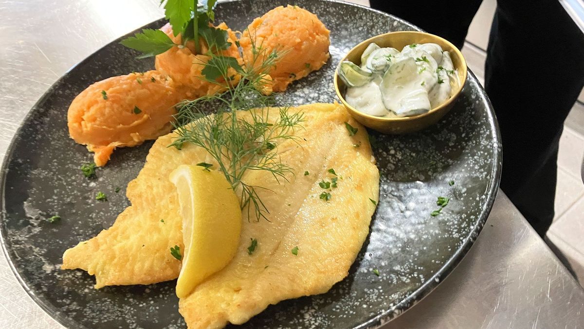 Limandesfilet an Zweiknollenstampf mit cremigen Gurkensalat