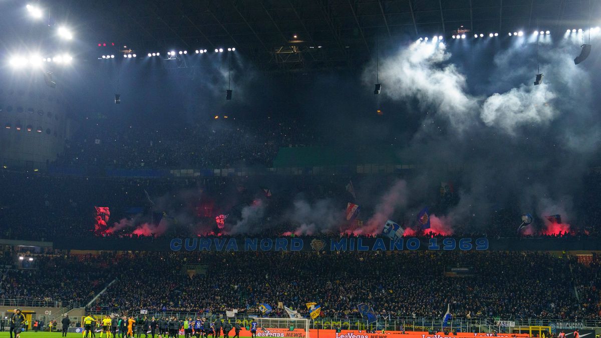 FC Internazionale v Juventus - Serie A TIM Supporters of FC Inter are celebrating during the match between FC Internazionale and Juventus FC in the Serie A at Giuseppe Meazza Stadium in Milan, Ital...