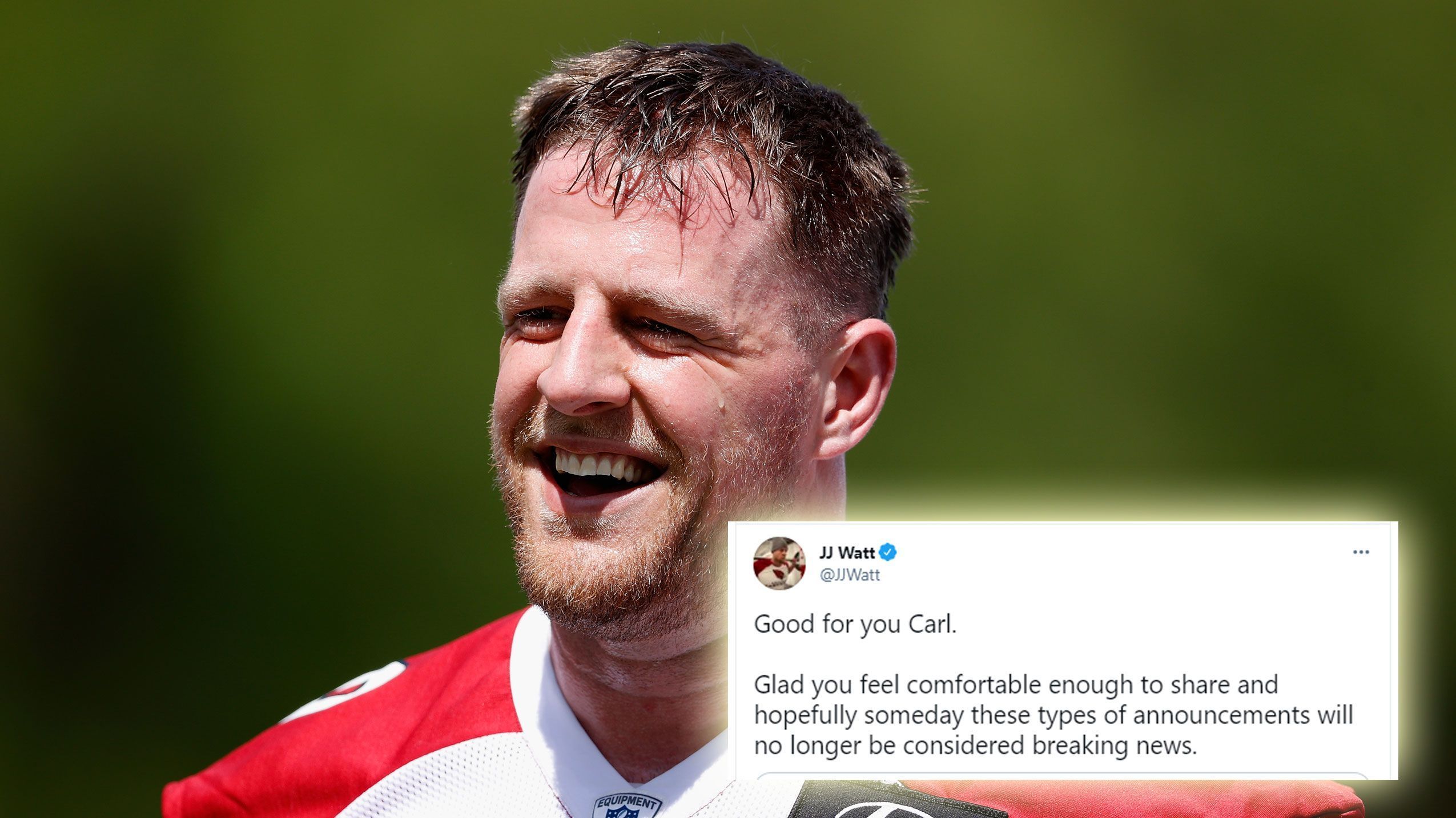 
                <strong>J.J. Watt</strong><br>
                J.J. Watt von den Arizona Cardinals hofft, "dass diese Art von Verkündungen, eines Tages keine Breaking News mehr sein werden".  
              