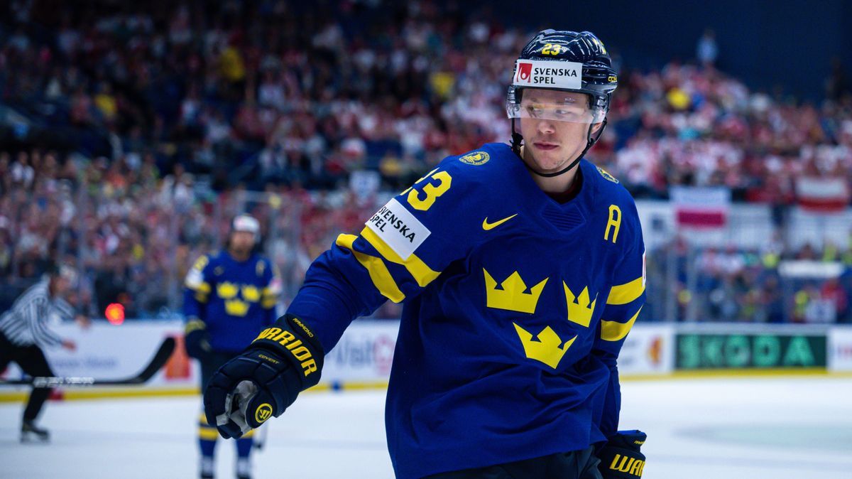 240520 Lucas Raymond of Sweden celebrates the 1-0 goal during the 2024 IIHF Ice hockey, Eishockey World Championship, WM, Weltmeisterschaft group stage game between Sweden and France on May 20, 202...
