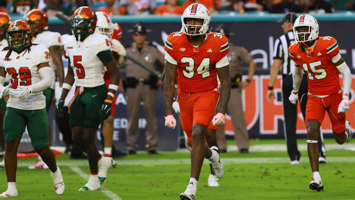 NCAA, College League, USA Football: Florida A&M at Miami Sep 7, 2024; Miami Gardens, Florida, USA; Miami Hurricanes linebacker Adarius Hayes (34) reacts against the Florida A&M Rattlers during the ...