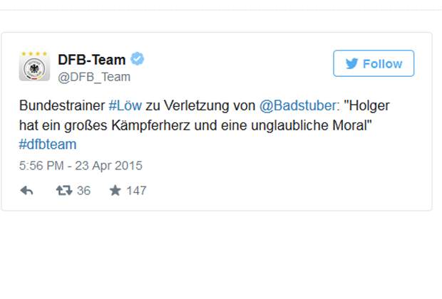 
                <strong>Wieder verletzt! Aufmunternde Worte für Holger Badstuber</strong><br>
                Auch der Bundestrainer zeigt sich betroffen. Joachim Löw spricht seinem Schützling Holger Badstuber nach dessen erneuter schwerer Verletzung Mut zu.
              