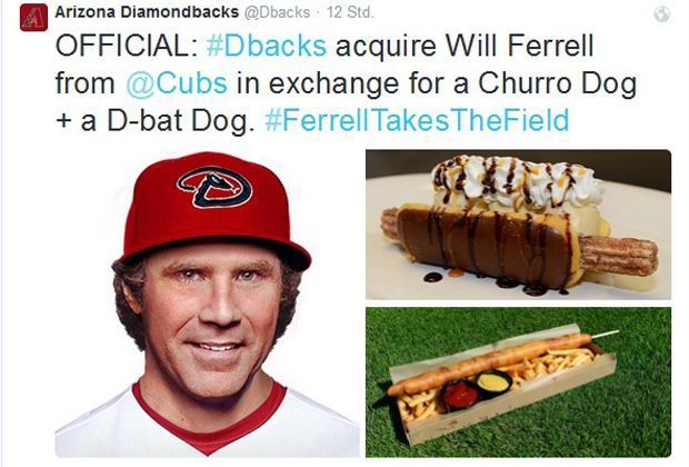 
                <strong>Will Ferrell spielt für die Arizona Diamondbacks</strong><br>
                Während des Spiels wird sein "Trade" zu den Diamondbacks bekannt gegeben. Für einen "Churro Dog" und einen "D-bat Dog".
              