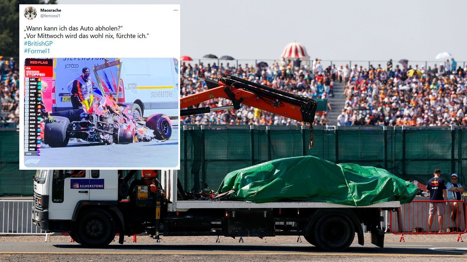 
                <strong>Verstappens Bolide ist zerstört</strong><br>
                Das Rennen des Niederländers ist vorbei. Zum Glück steigt er selbständig (aber schwankend) aus seinem völlig zerstörten Auto aus. Ob man das wieder hinbekommt?
              