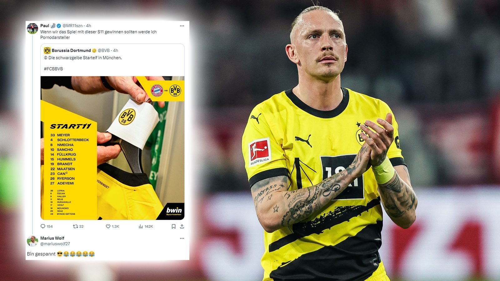 <strong>Porno-Karriere? Wolf nimmt Fan nach Bayern-Sieg in beim Wort</strong><br>Mit dem 2:0-Sieg in München haben wohl einige Dortmund-Fans so gar nicht gerechnet. "X"-User Paul war schon beim Blick auf die Startelf skeptisch. Er kündigte den Beginn einer Porno-Karriere an, sollte der BVB siegen. Dortmunds Star Marius Wolf ist nach dem Triumph von München entsprechend "gespannt", ob Paul nun wirklich ernst macht.