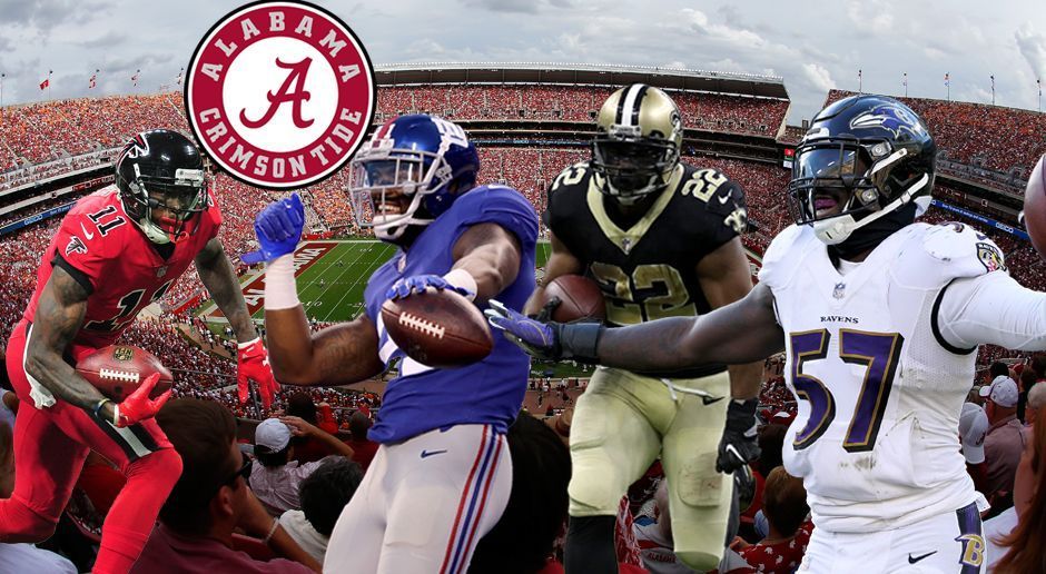 
                <strong>University of Alabama (UA)</strong><br>
                Vier Spieler (von links nach rechts):Julio Jones, WR, Atlanta FalconsLandon Collins, S, New York GiantsMark Ingram, RB, New Orleans SaintsC.J. Mosley, LB, Baltimore Ravens
              
