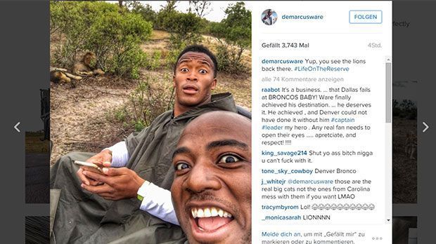 
                <strong>DeMarcus Ware (Denver Broncos) auf Safari</strong><br>
                Zuvor ist DeMarcus Ware, der Defensive End der Denver Broncos, den Löwen wirklich begegnet. Denn er ist grade auf Safari. Man sieht: Ihn kann anscheinend wirklich nichts schocken. 
              