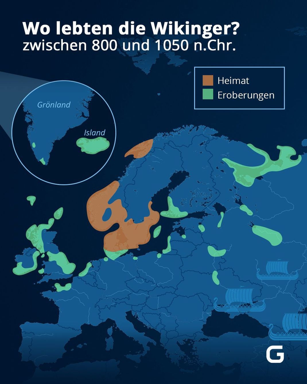 An diesen Orten lebten die Wikinger zwischen 800 und 1050 n.Chr.
