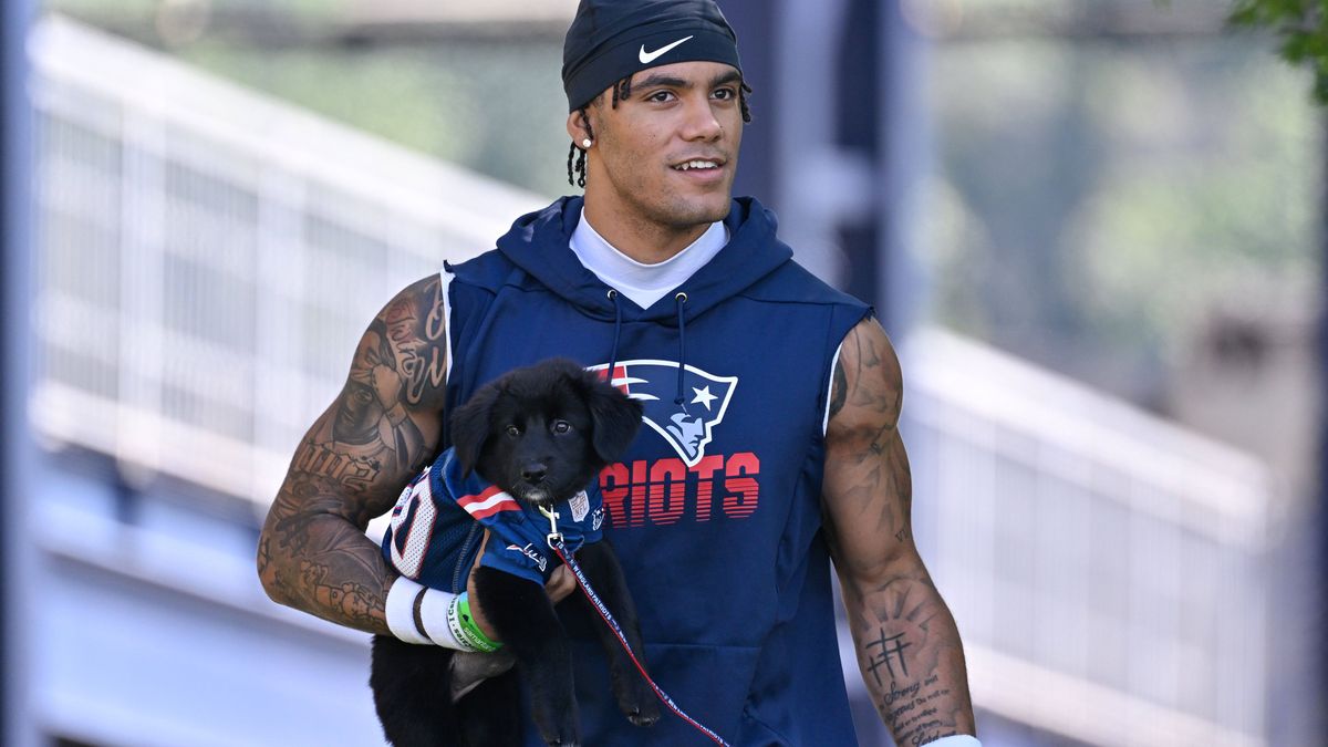 NFL, American Football Herren, USA New England Patriots Training Camp Jul 23, 2025; Foxborough, MA, USA; New England Patriots cornerback Christian Gonzalez (0) delivers a puppy to a local family as...